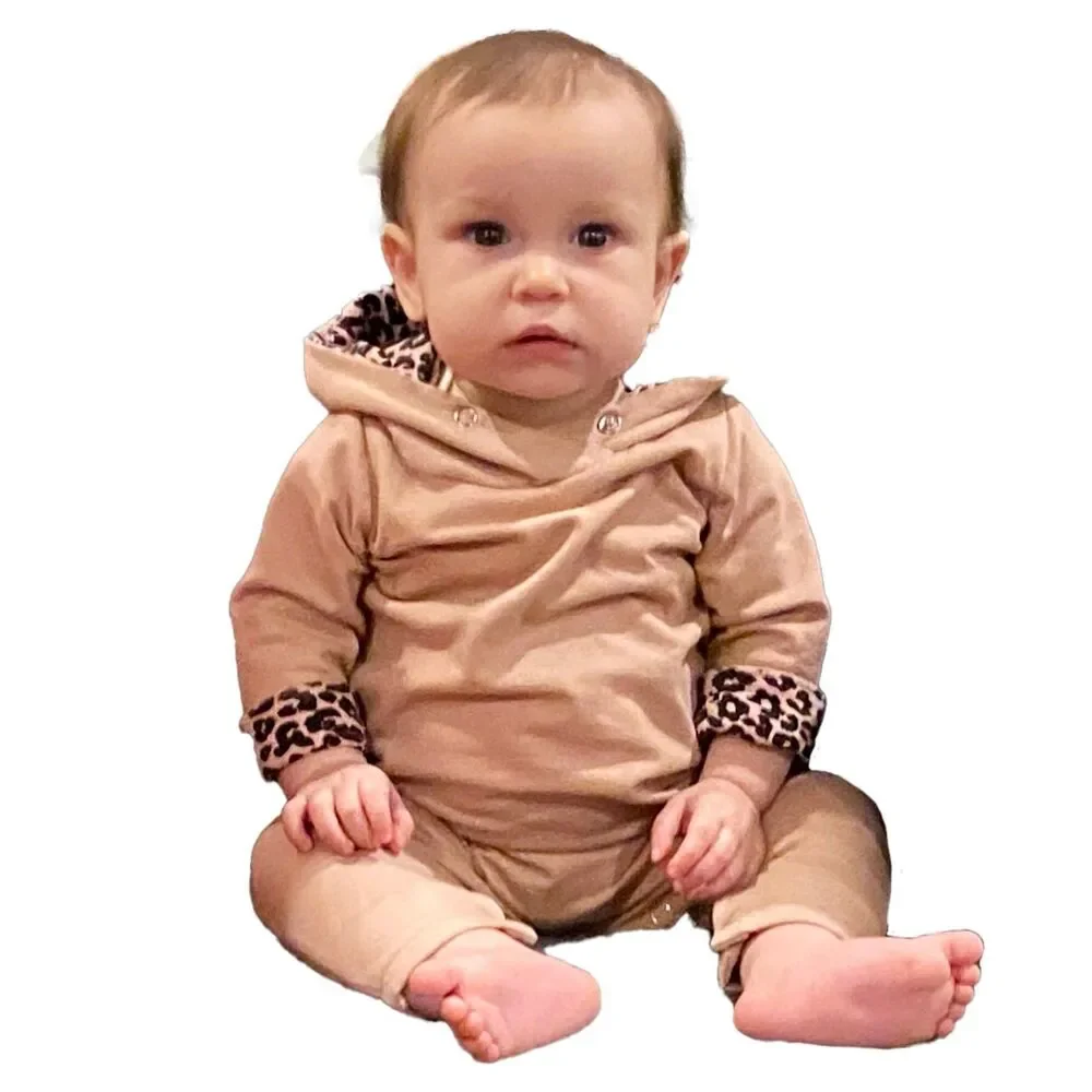 Dusty Pink + Black Leopard Print Detail Fall Body Suit from Dressupbaby UK